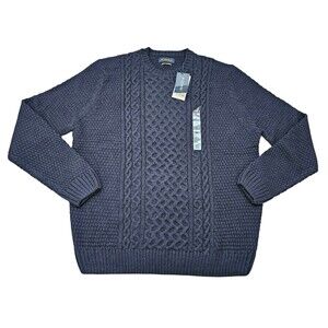 Mens XL Aran Cable Knit Sweater Navy Blue Pullover Jumper Quiet Luxury Piombo
